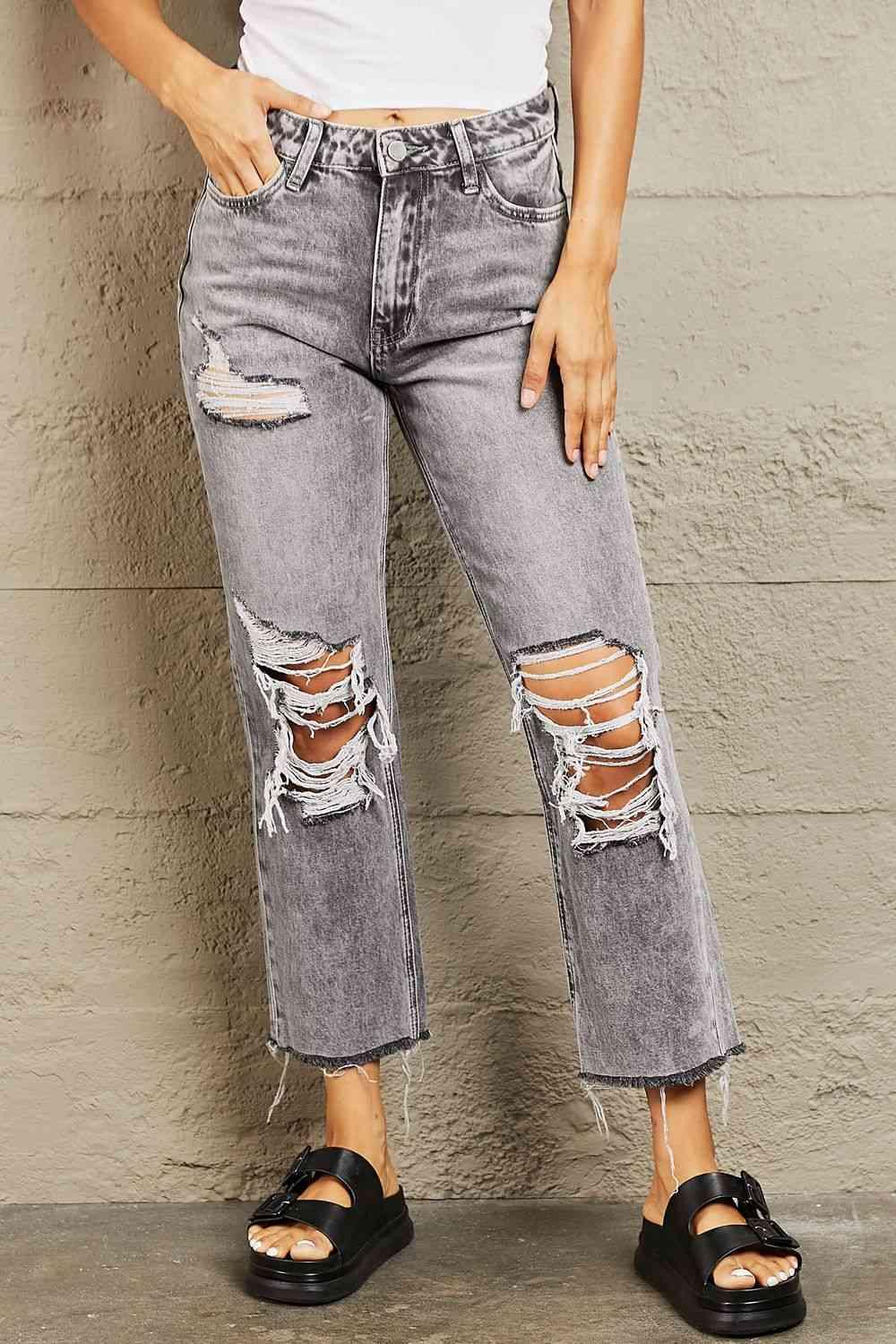 BAYEAS Acid Wash Distressed Cropped Straight Jeans - Vesteeto