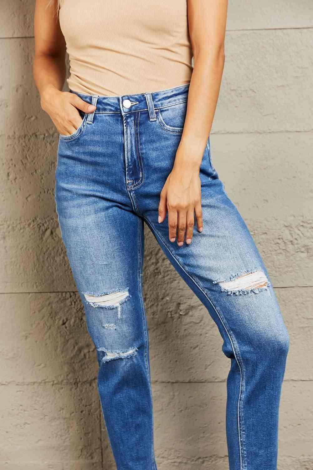 BAYEAS High Waisted Cropped Dad Jeans - Vesteeto