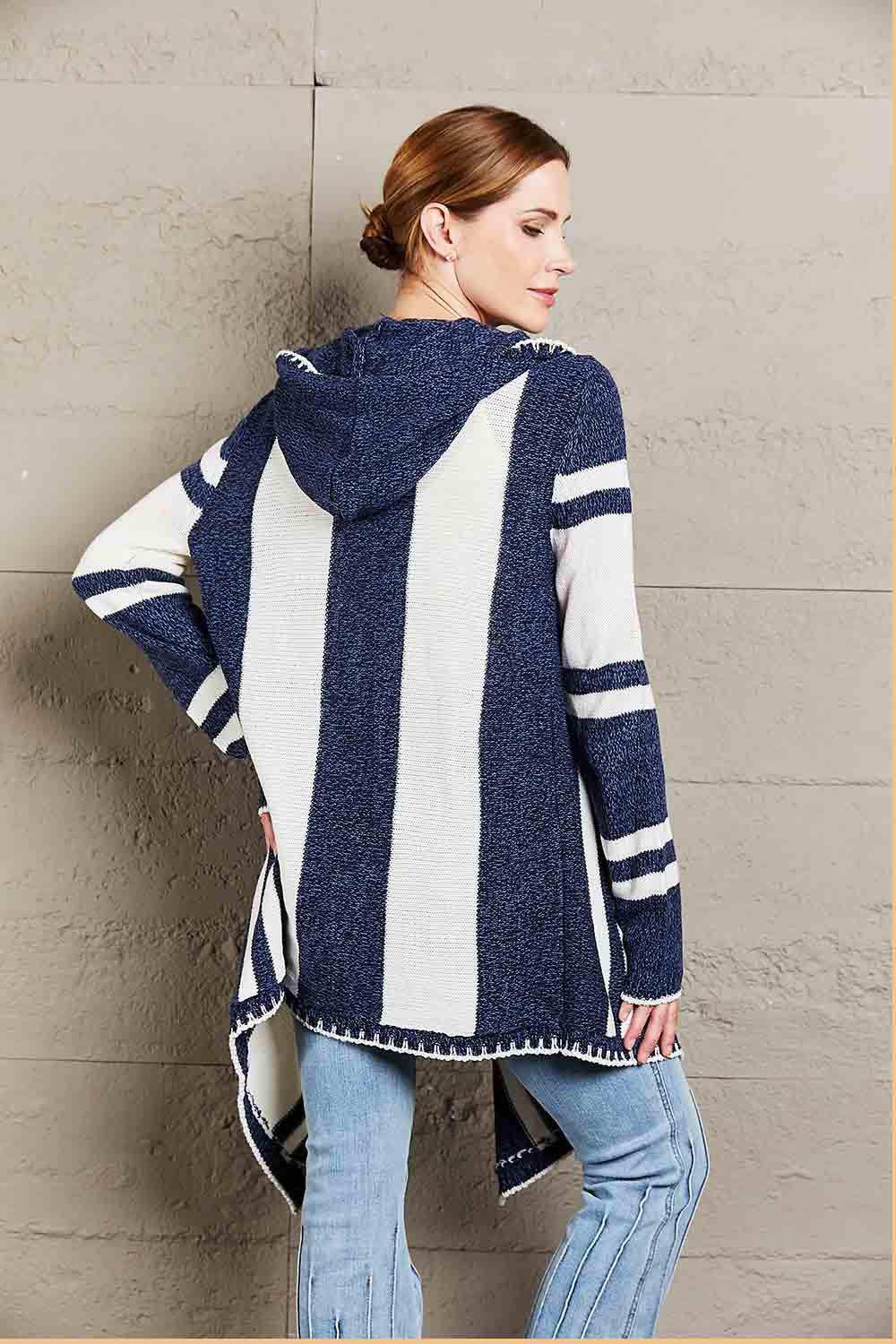 Woven Right Striped Open Front Hooded Cardigan - Vesteeto