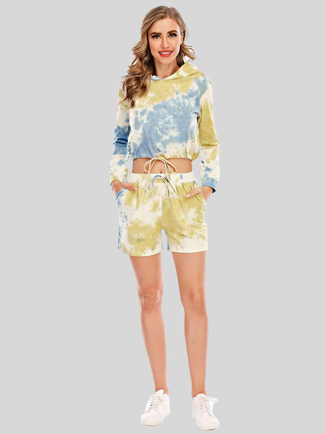 Tie-Dye Drawstring Hooded Top and Shorts Set - Vesteeto