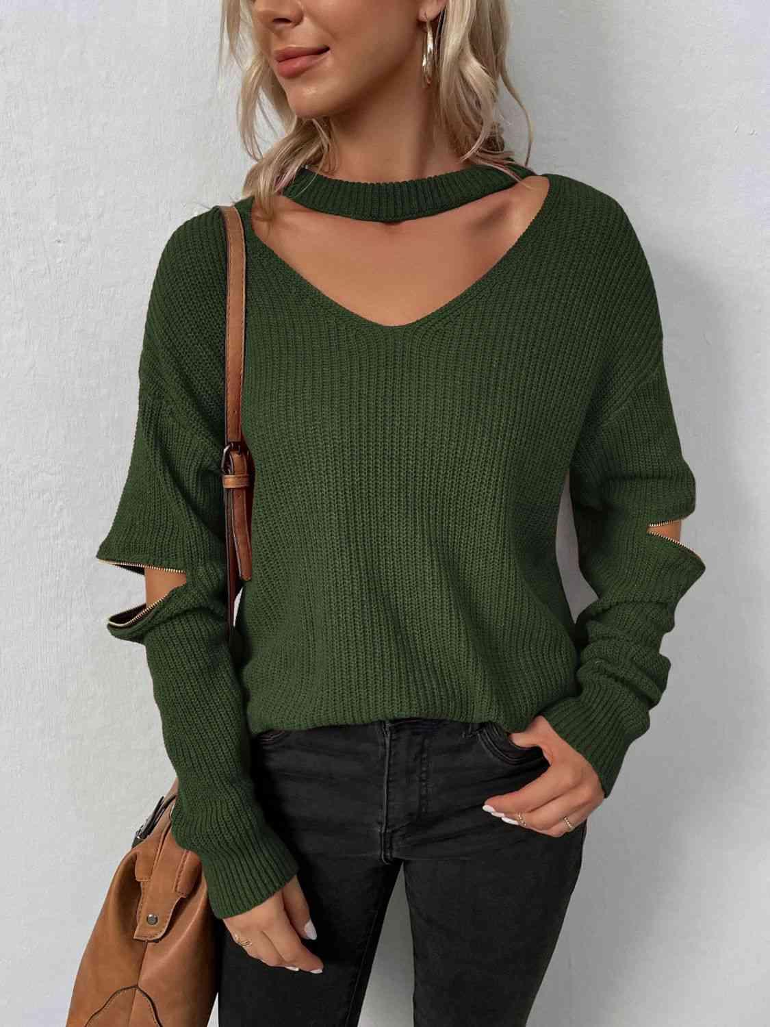 Cutout Zip Detail Sweater - Vesteeto