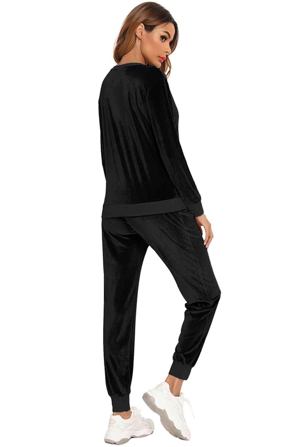 Round Neck Long Sleeve Loungewear Set with Pockets - Vesteeto