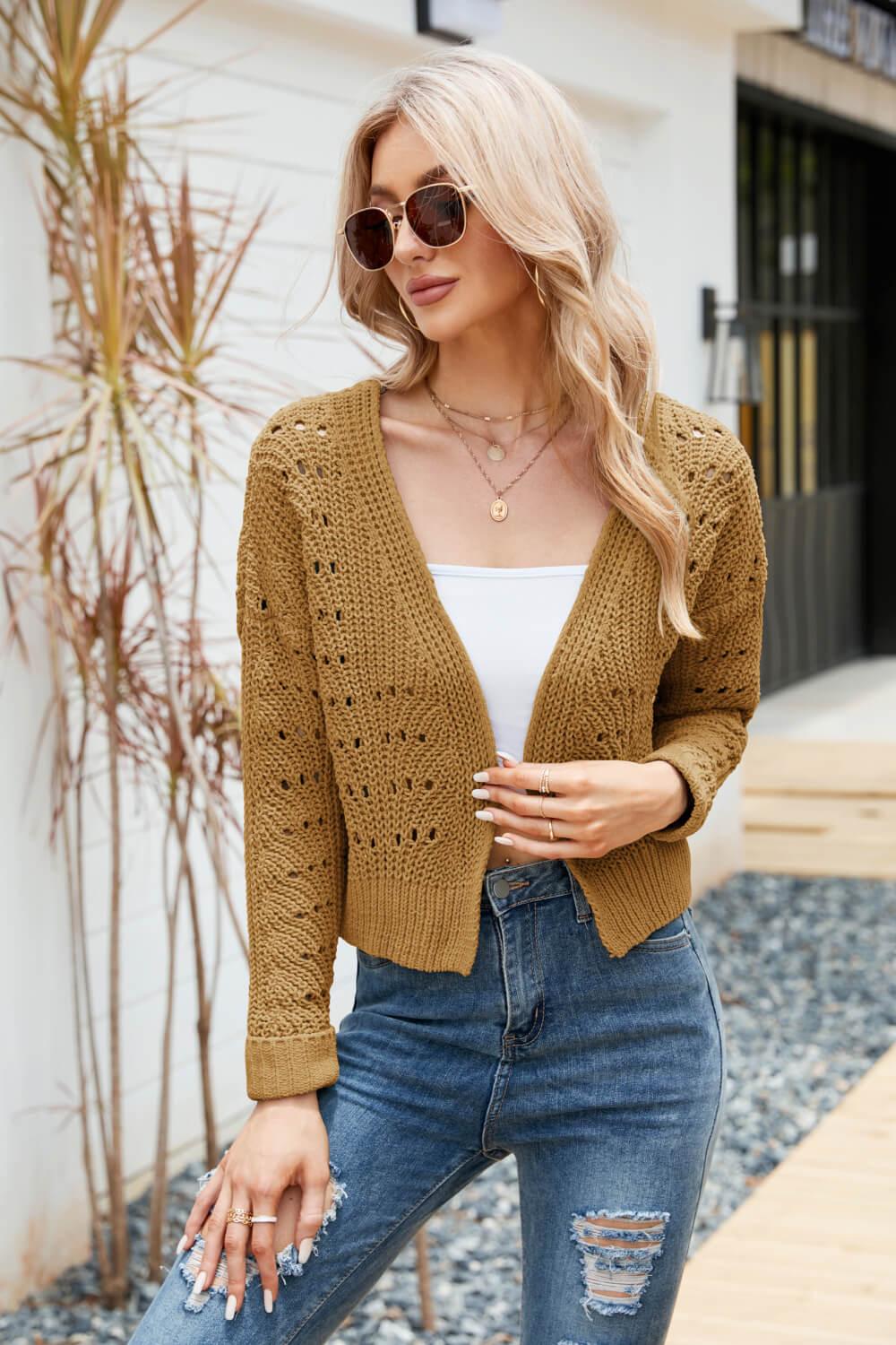 Open Front Cuffed Cropped Cardigan - Vesteeto