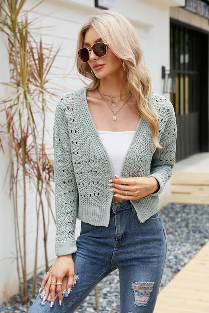 Open Front Cuffed Cropped Cardigan - Vesteeto