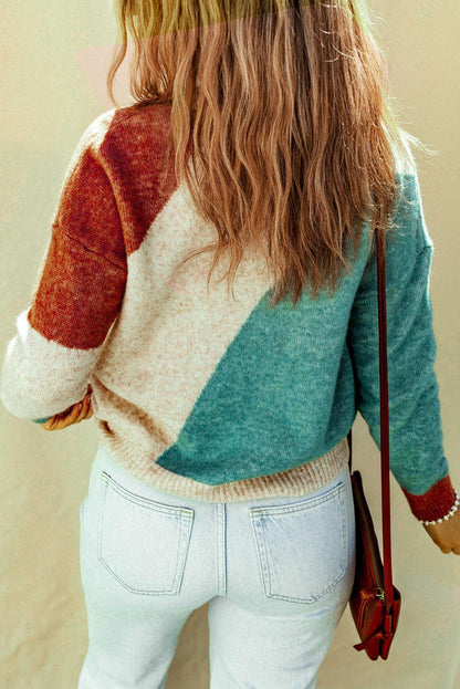 Color Block Round Neck Dropped Shoulder Pullover Sweater - Vesteeto