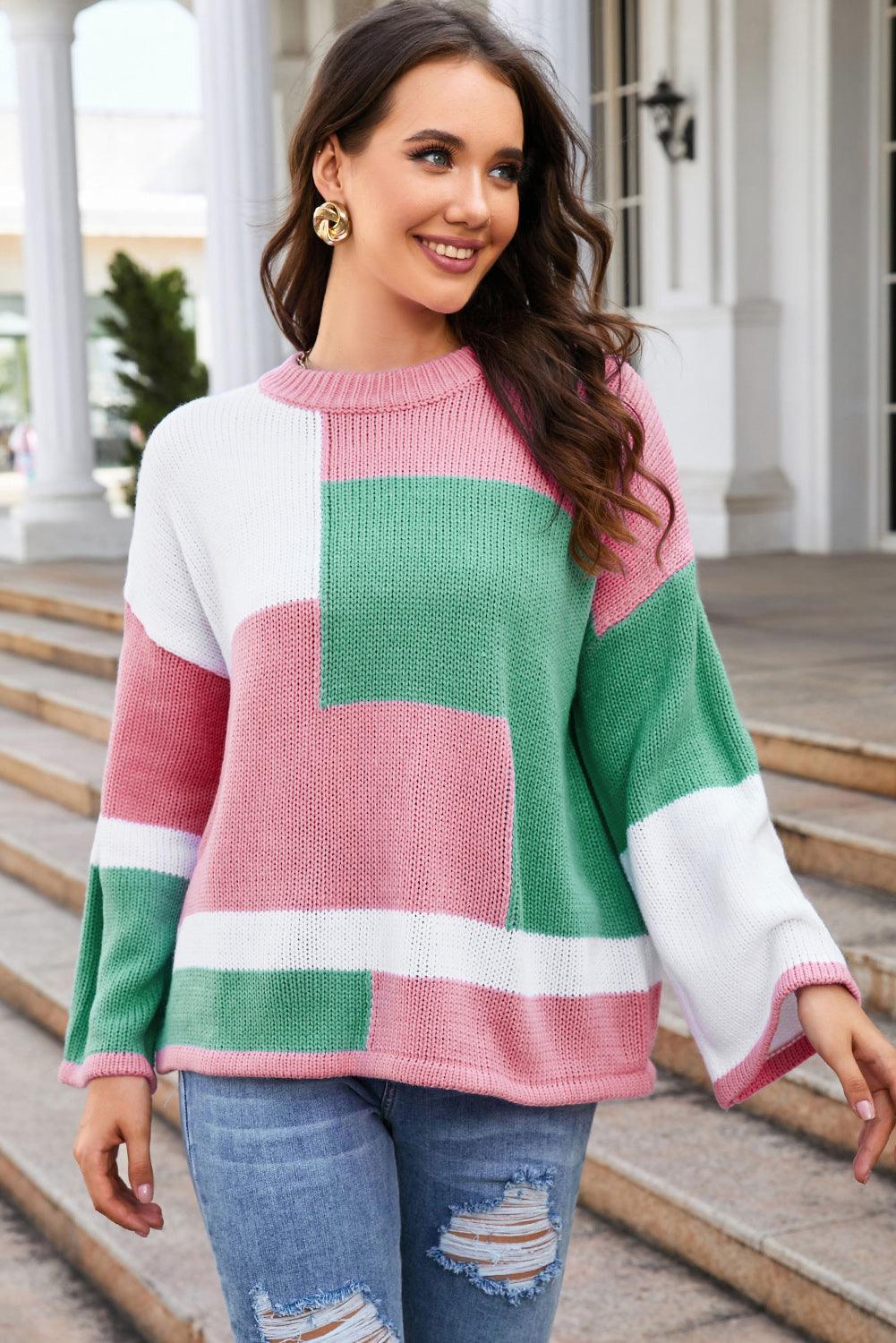 Round Neck Color Block Dropped Shoulder Sweater - Vesteeto