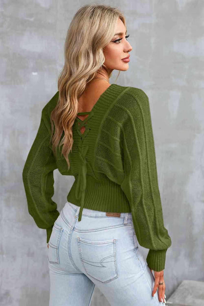 Surplice Neck Lace-Up Sweater - Vesteeto