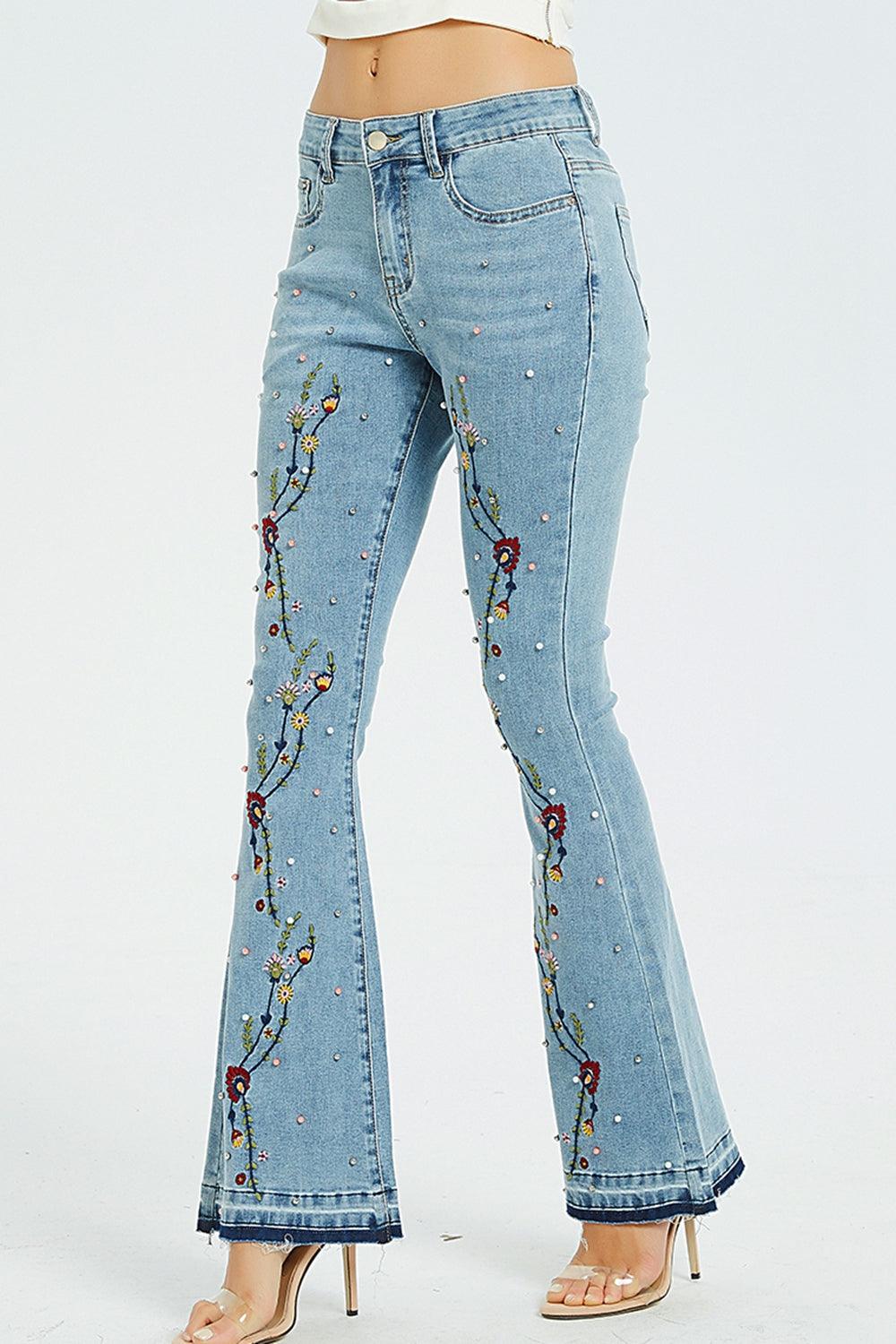 Full Size Flower Embroidery Wide Leg Jeans - Vesteeto