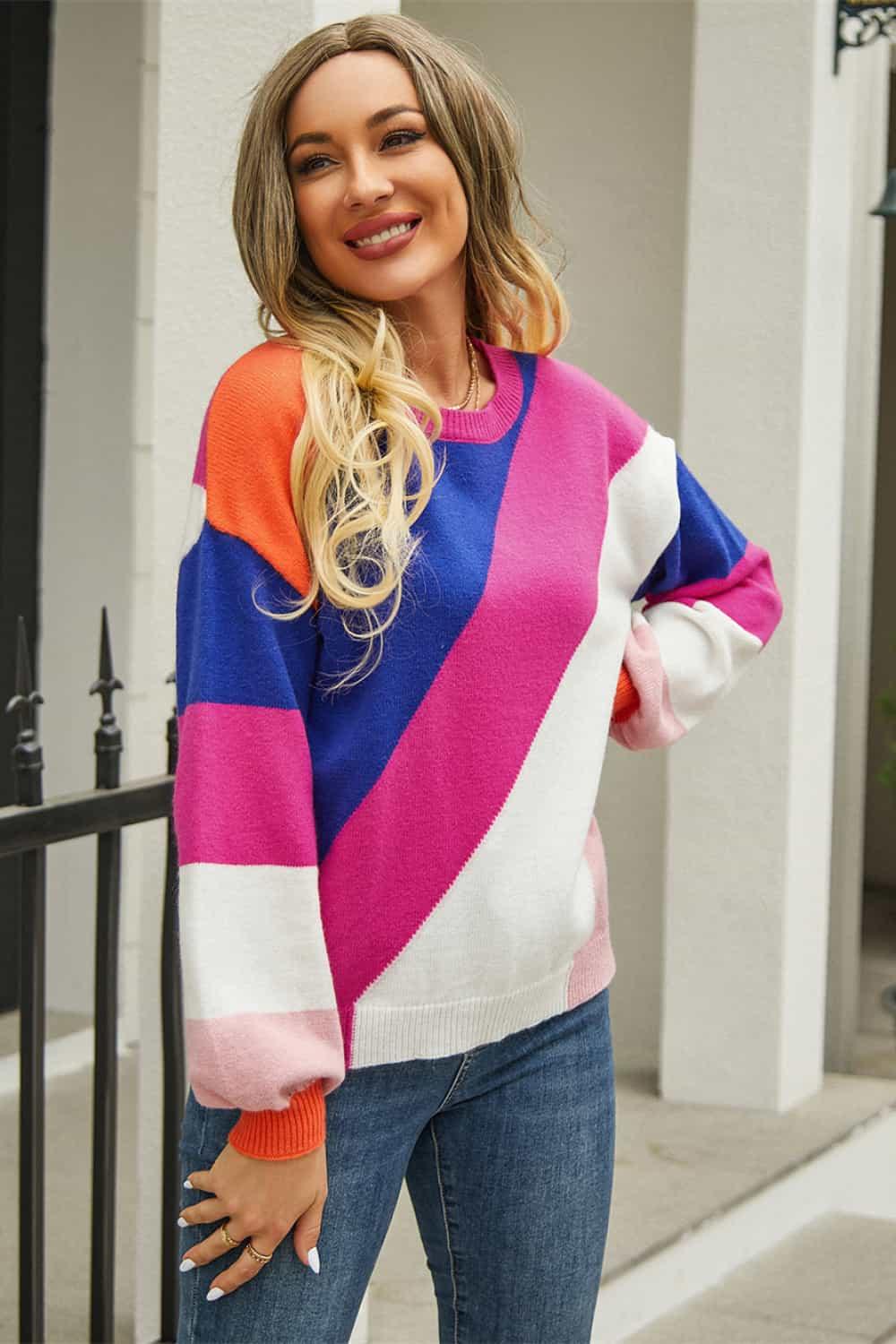 Color Block Round Neck Long Sleeve Sweater - Vesteeto