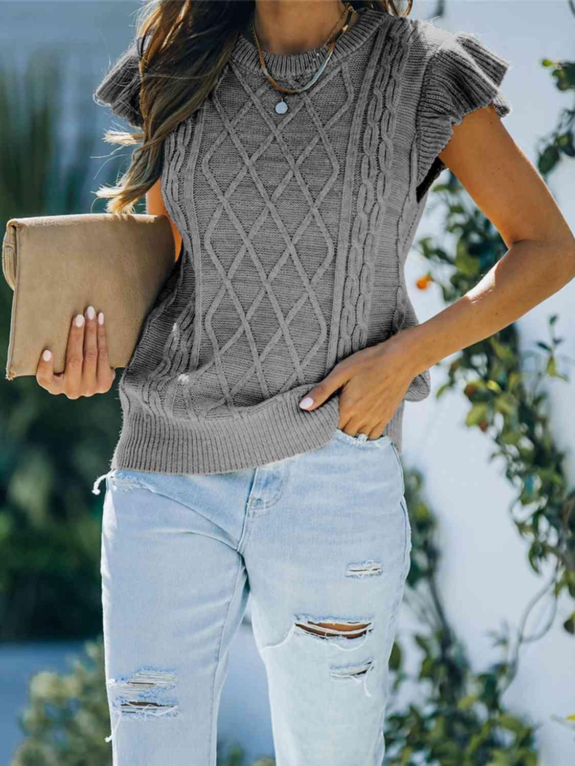 Round Neck Cap Sleeve Sweater - Vesteeto