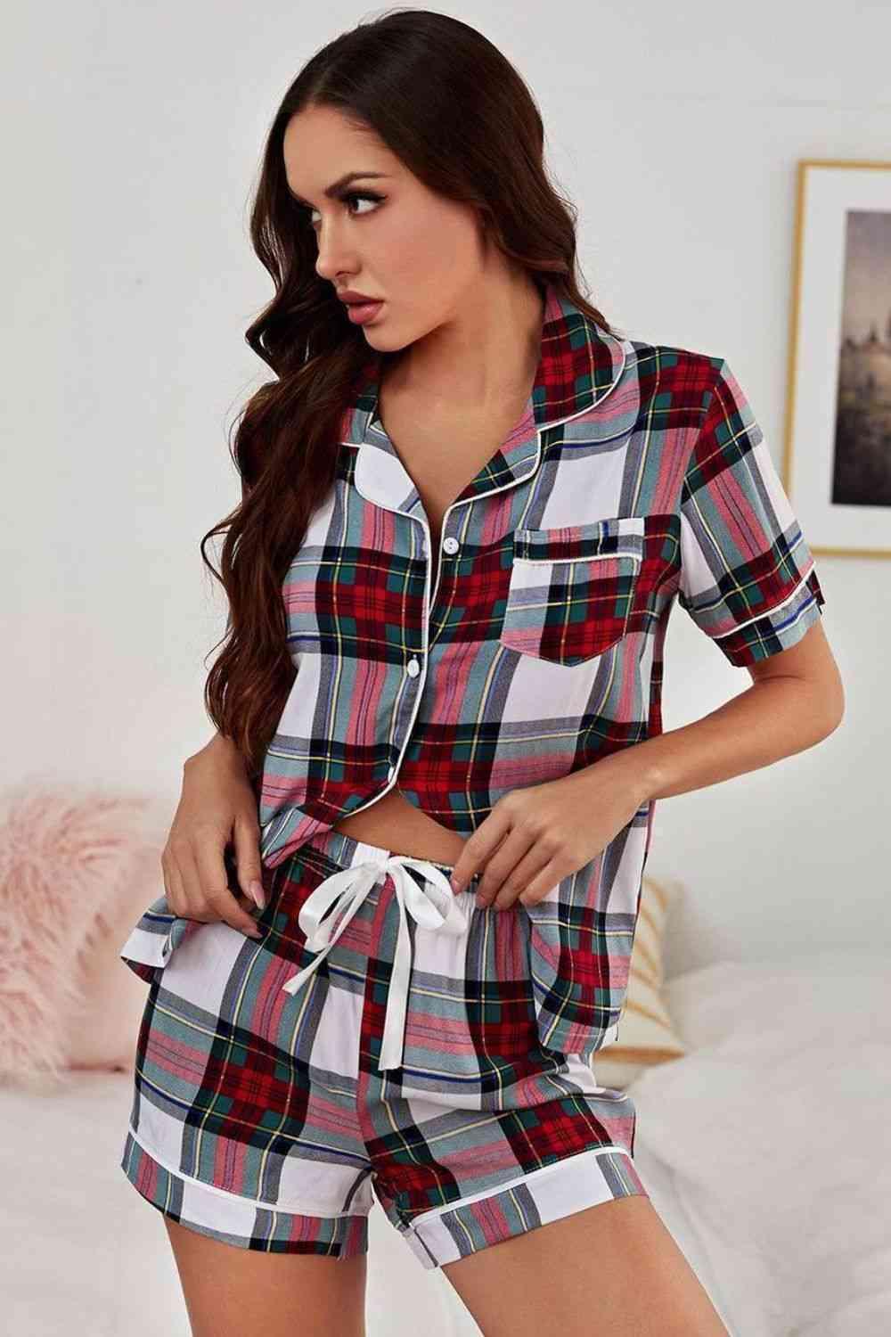 Collared Neck Short Sleeve Tied Two-Piece Lounge Set - Vesteeto