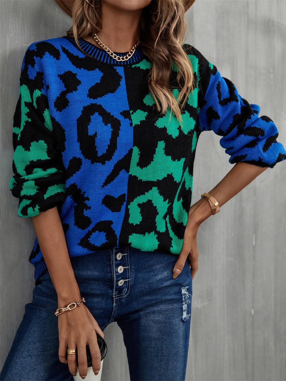 Leopard Round Neck Long Sleeve Sweater - Vesteeto