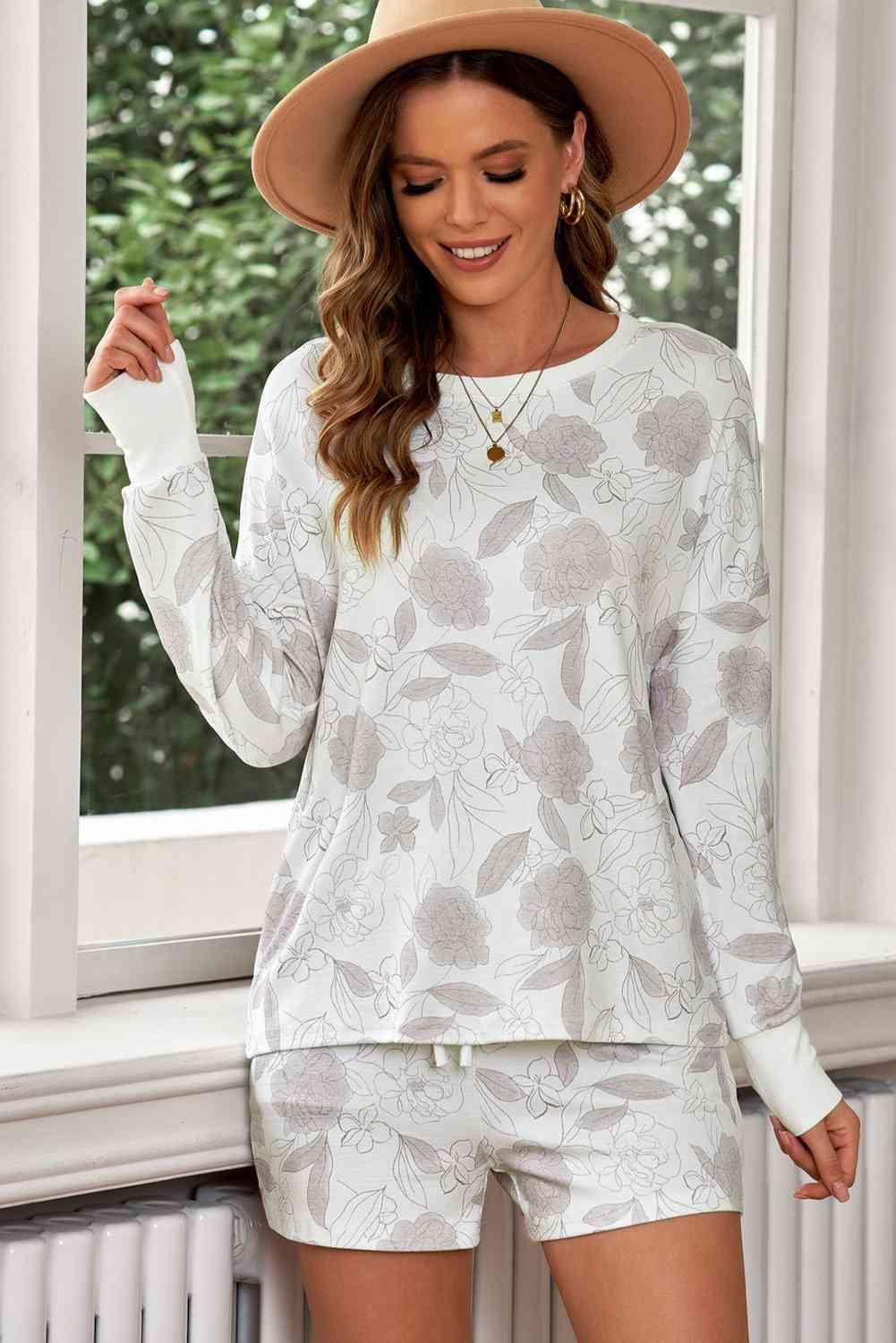 Floral Long Sleeve Top and Shorts Loungewear Set - Vesteeto