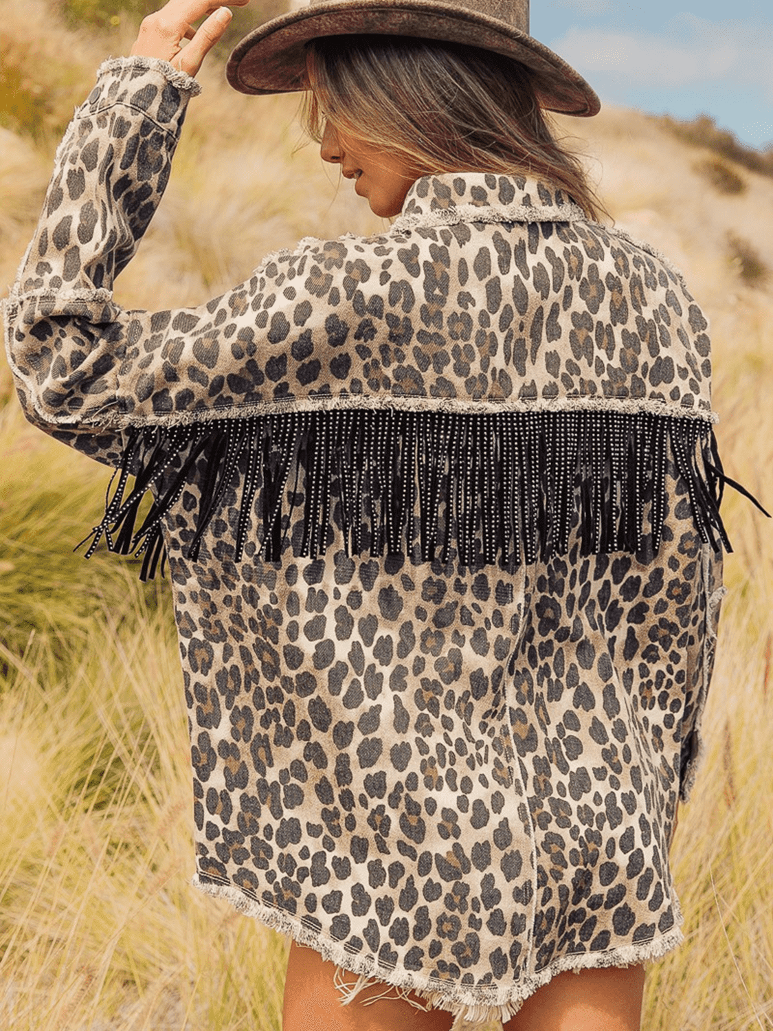 Leopard Fringe Detail Collared Neck Denim Jacket - Vesteeto