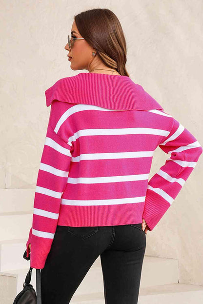 Striped Collared Neck Slit Sweater - Vesteeto