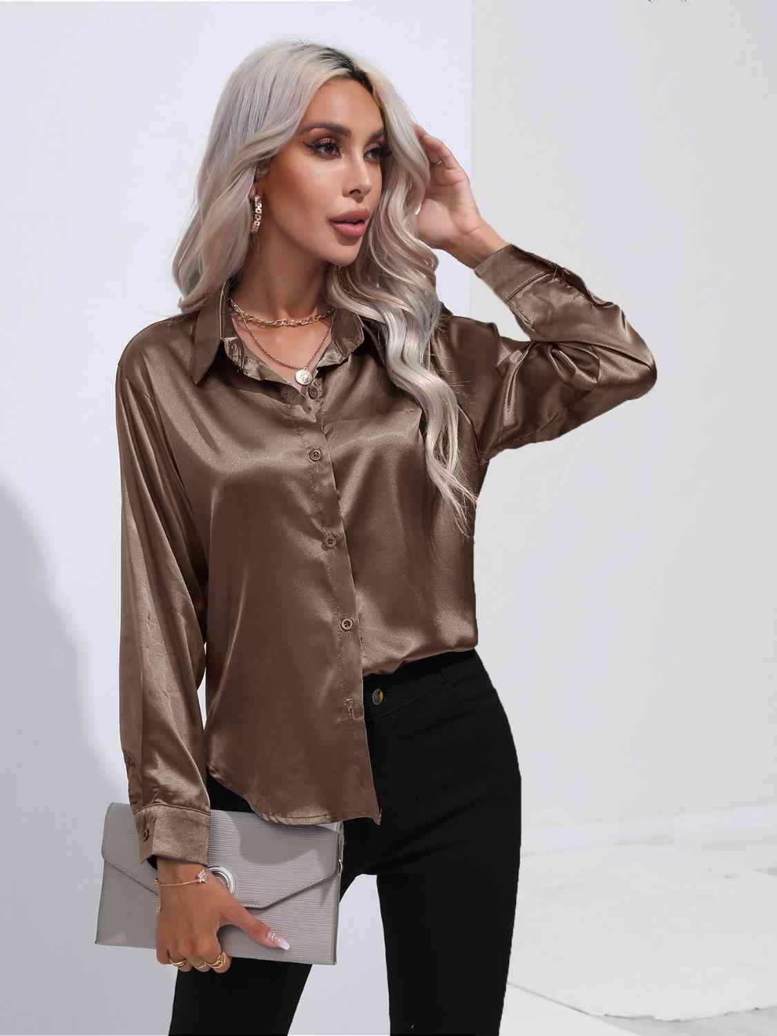 Collared Neck Buttoned Long Sleeve Shirt - Vesteeto