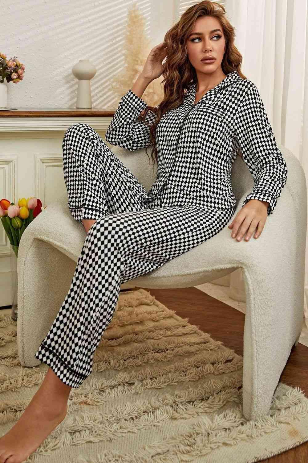 Checkered Button Front Top and Pants Loungewear Set - Vesteeto