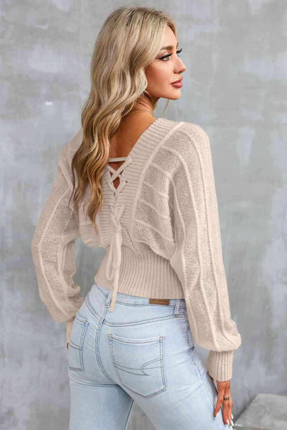 Surplice Neck Lace-Up Sweater - Vesteeto