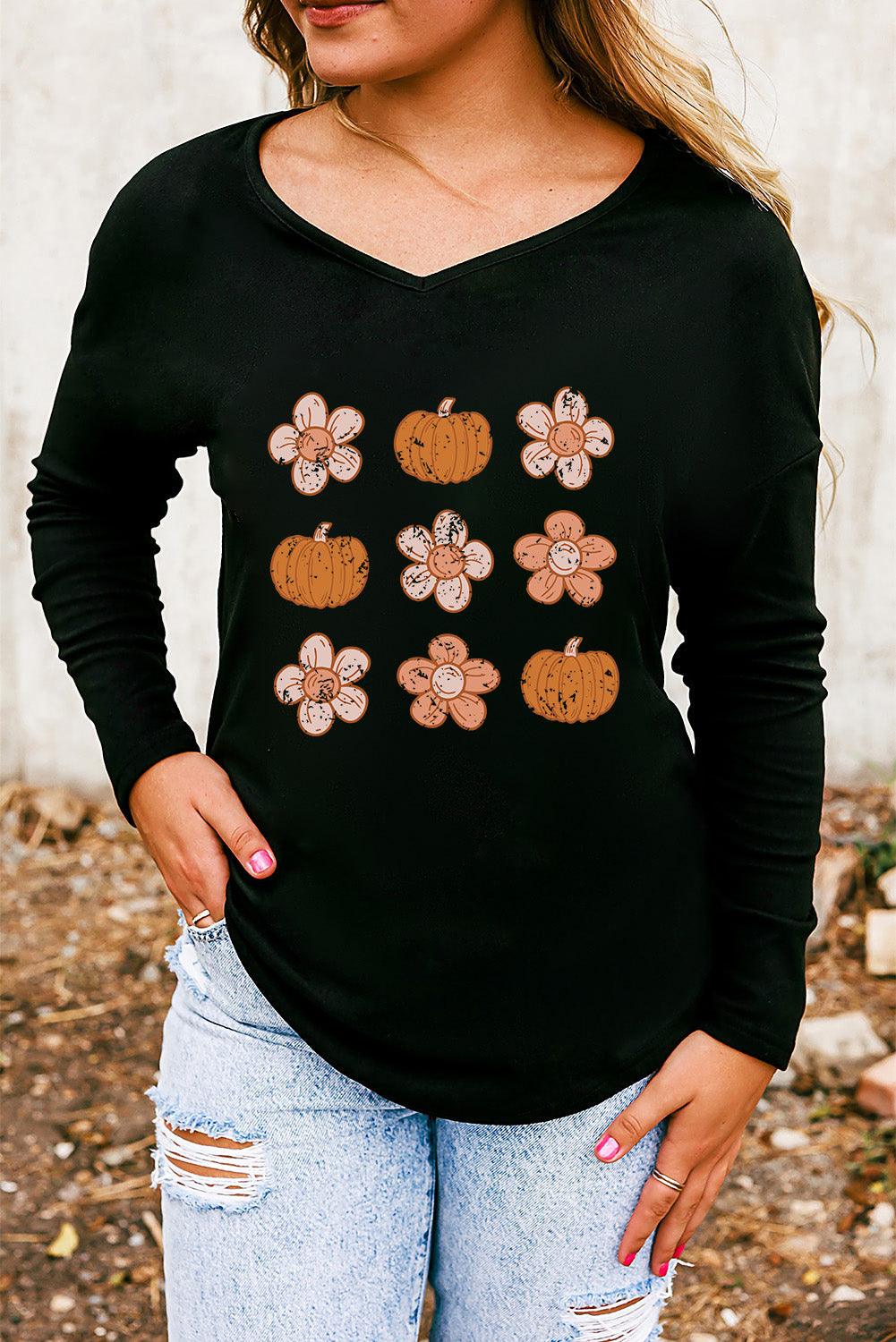 V-Neck Short Sleeve Pumpkin & Flower Graphic T-Shirt - Vesteeto