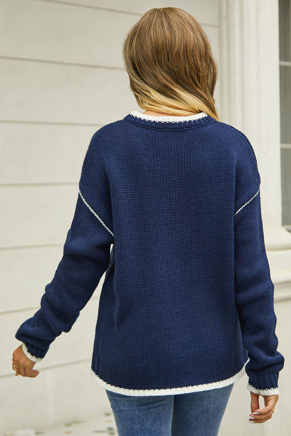 Round Neck Long Sleeve Waffle-Knit Sweater - Vesteeto