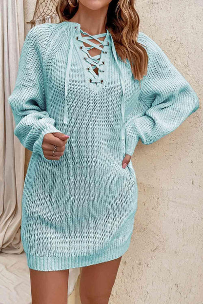 Lace-Up Mini Sweater Dress - Vesteeto