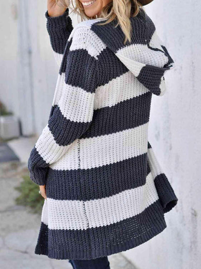 Striped Open Front Hooded Cardigan - Vesteeto