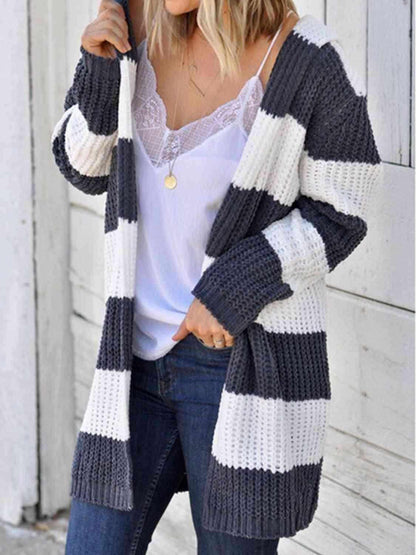 Striped Open Front Hooded Cardigan - Vesteeto