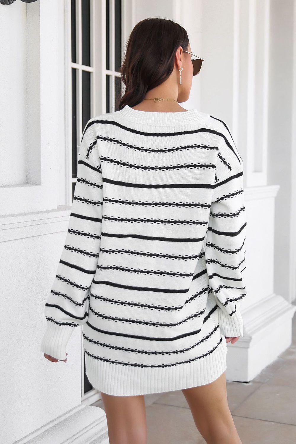 Striped V-Neck Sweater Dress - Vesteeto