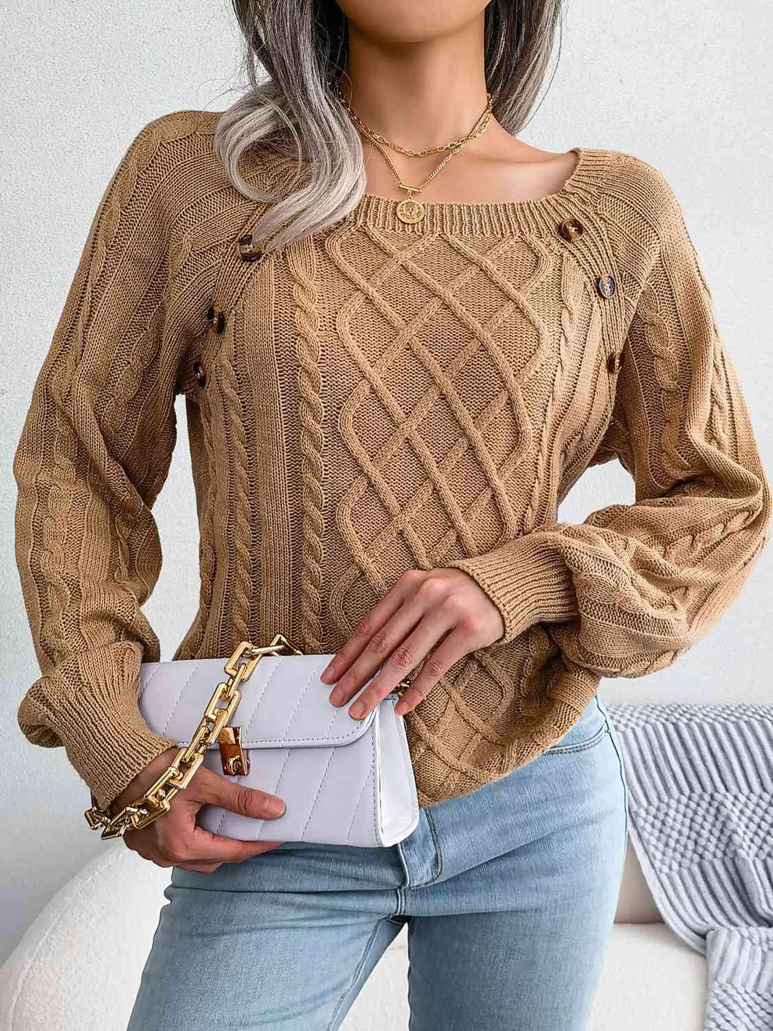 Decorative Button Cable-Knit Sweater - Vesteeto