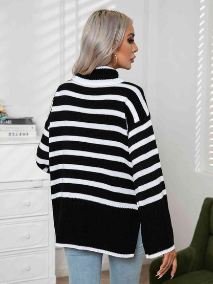 Striped Slit Turtleneck Drop Shoulder Sweater - Vesteeto