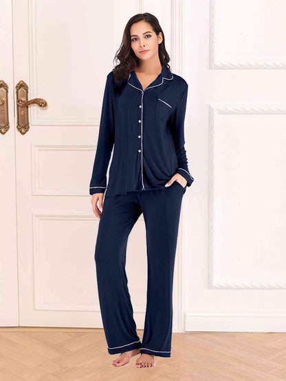 Collared Neck Long Sleeve Loungewear Set with Pockets - Vesteeto