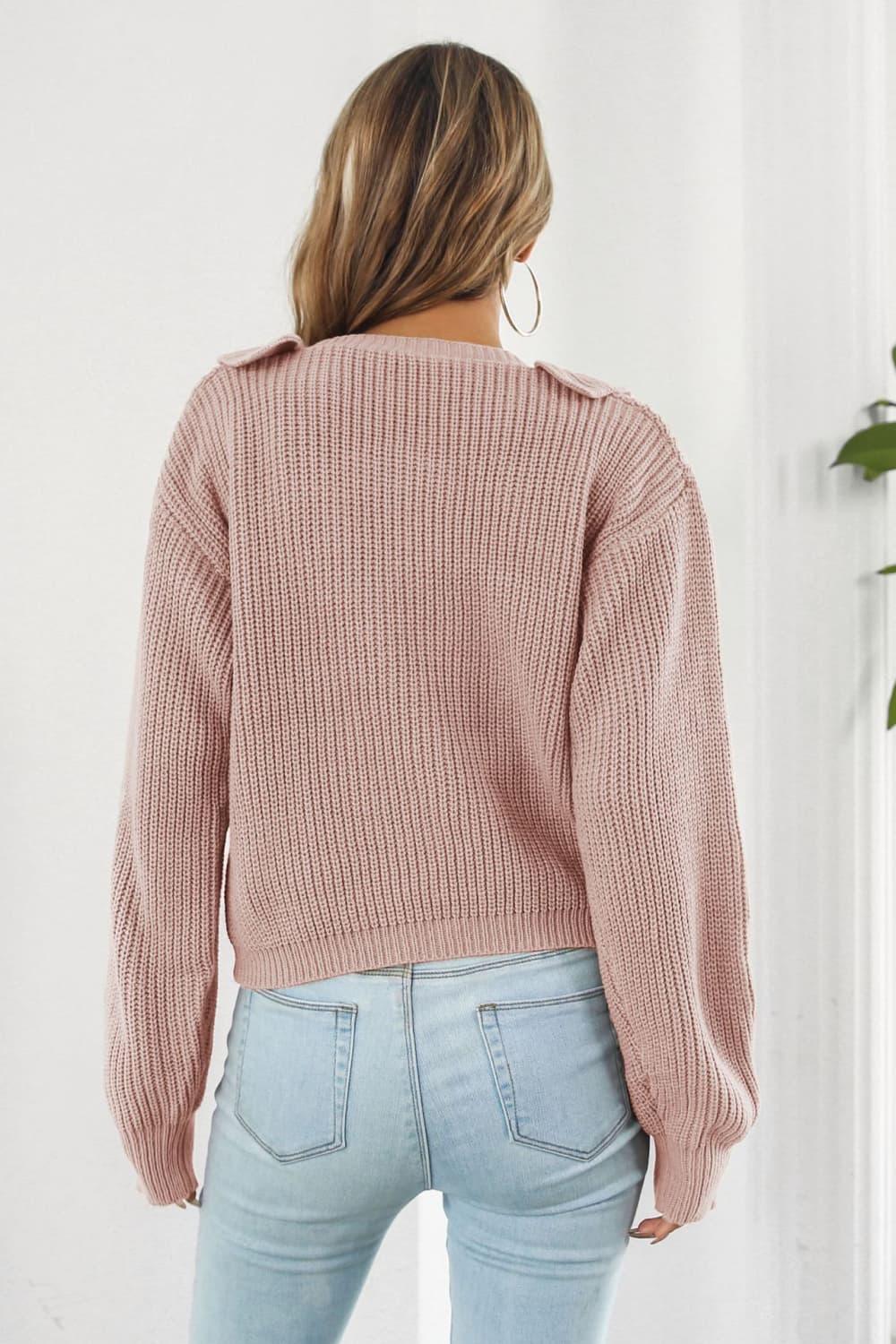 Ruffle Trim Button-Down Dropped Shoulder Sweater - Vesteeto