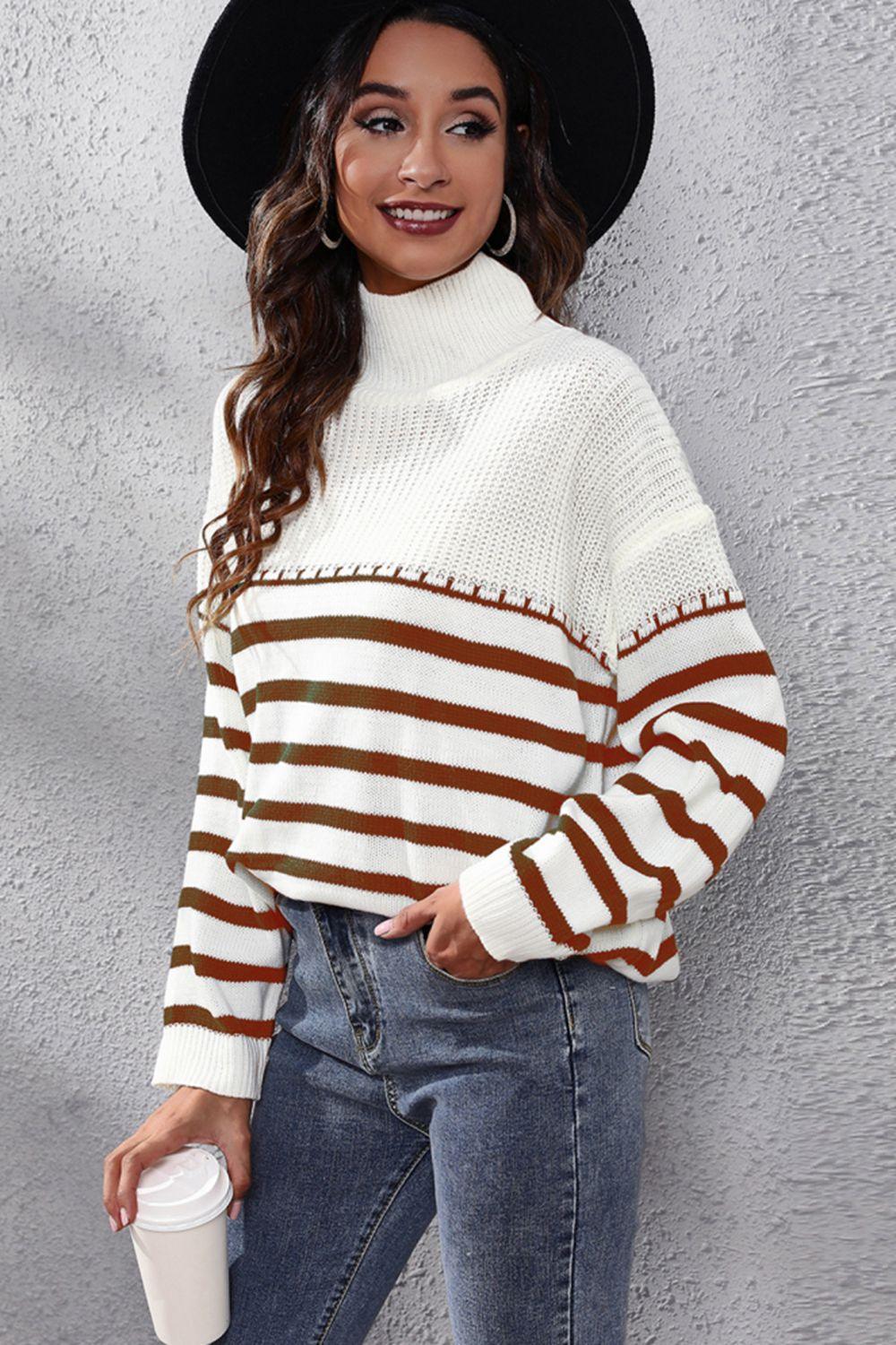 Striped Turtleneck Drop Shoulder Sweater - Vesteeto