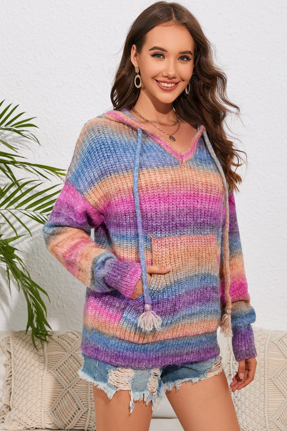 Multicolor Dropped Shoulder Hooded Sweater - Vesteeto