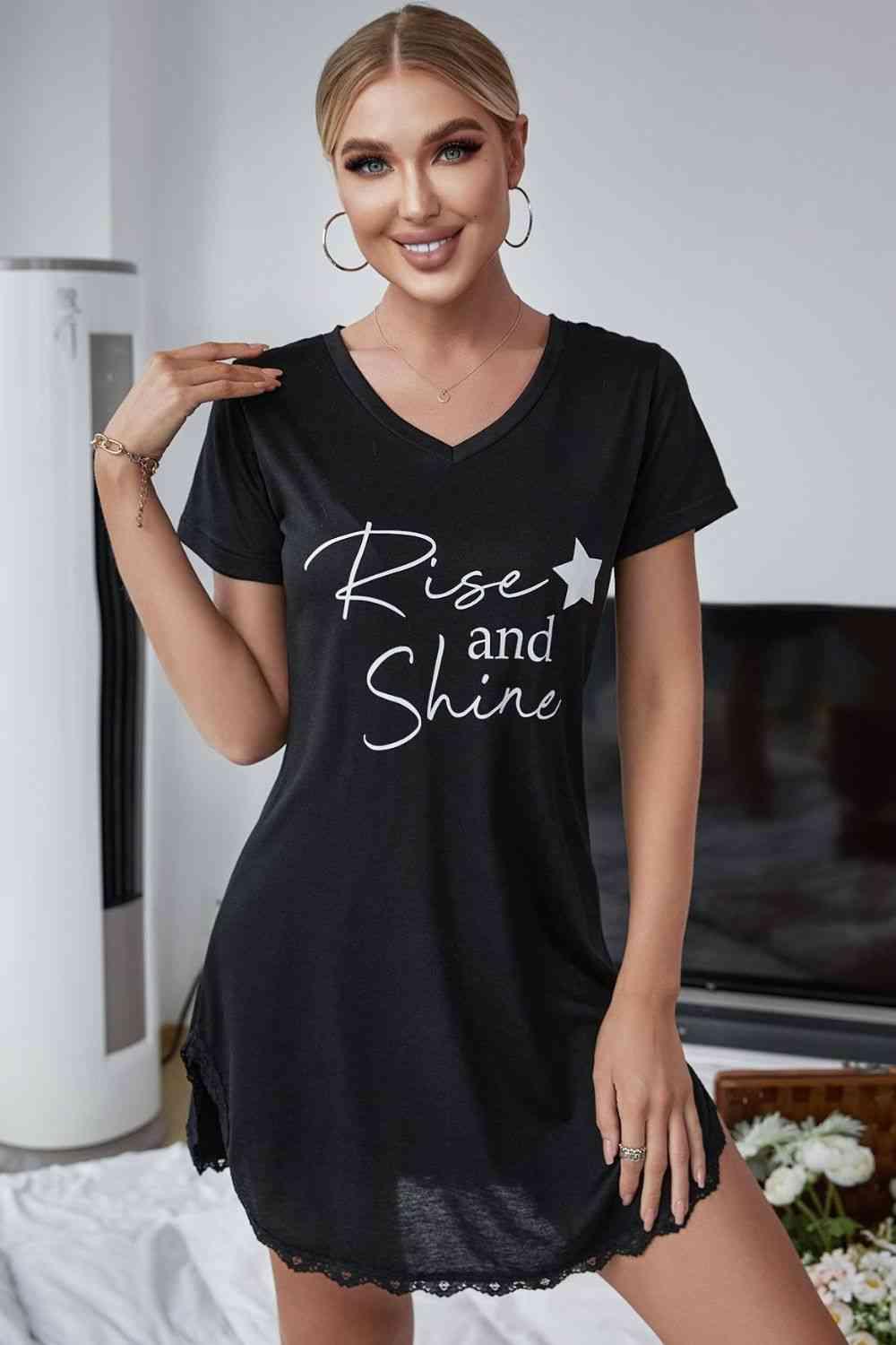 RISE AND SHINE Contrast Lace V-Neck T-Shirt Dress - Vesteeto