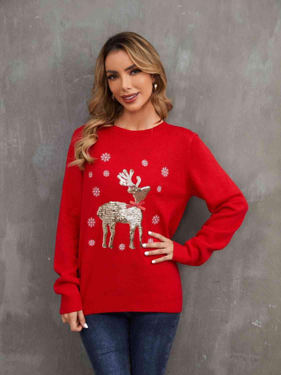 Sequin Reindeer Graphic Sweater - Vesteeto