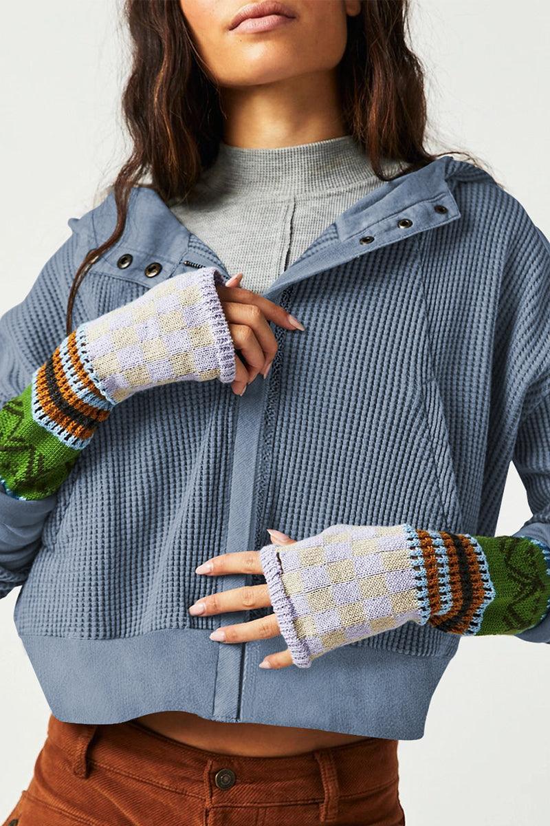 Waffle-Knit Long Sleeve Hooded Jacket - Vesteeto