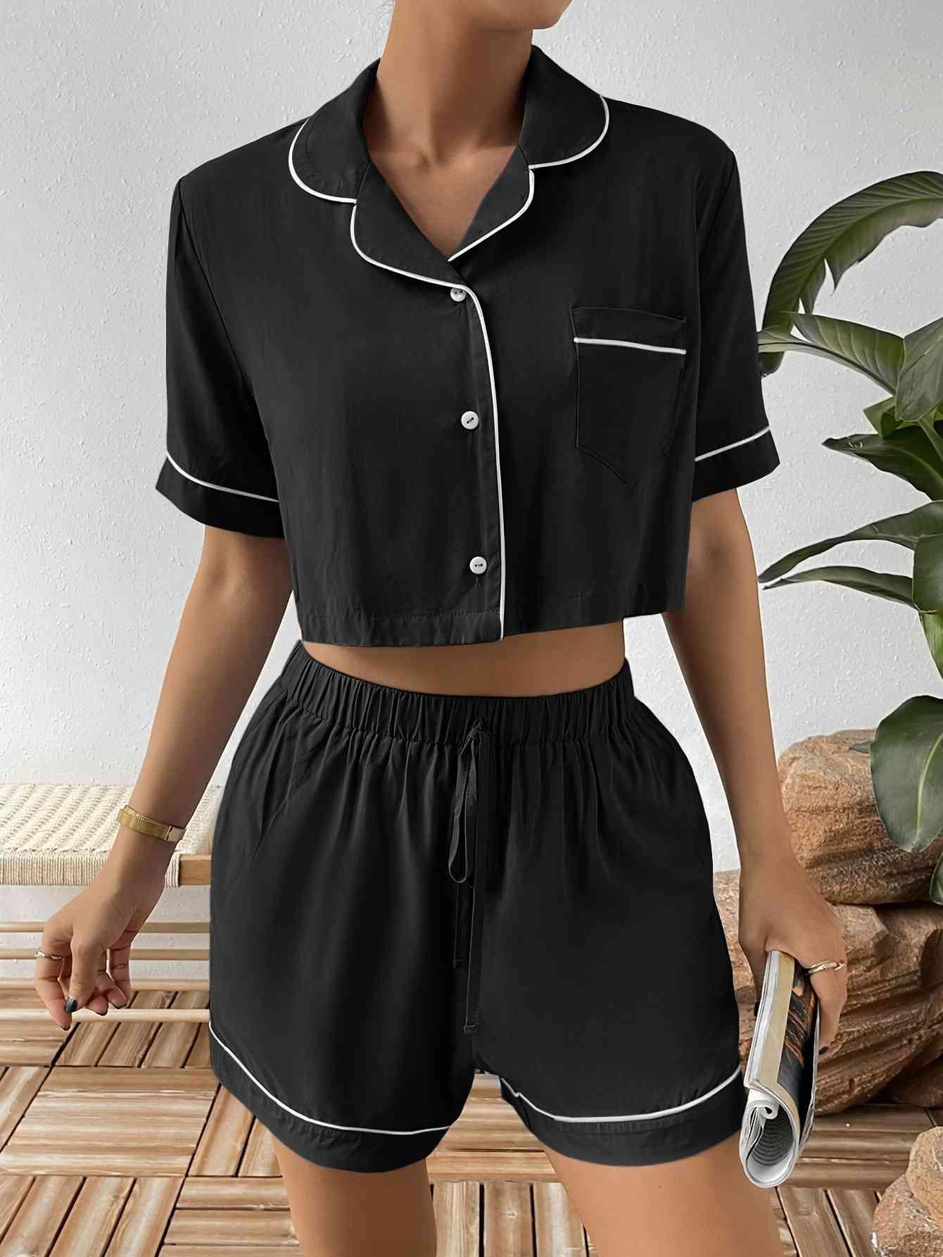 Contrast Lapel Collar Cropped Shirt and Shorts Lounge Set - Vesteeto