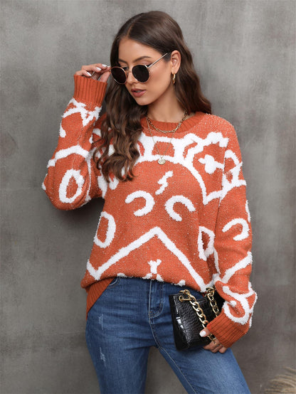 Printed Round Neck Dropped Shoulder Sweater - Vesteeto