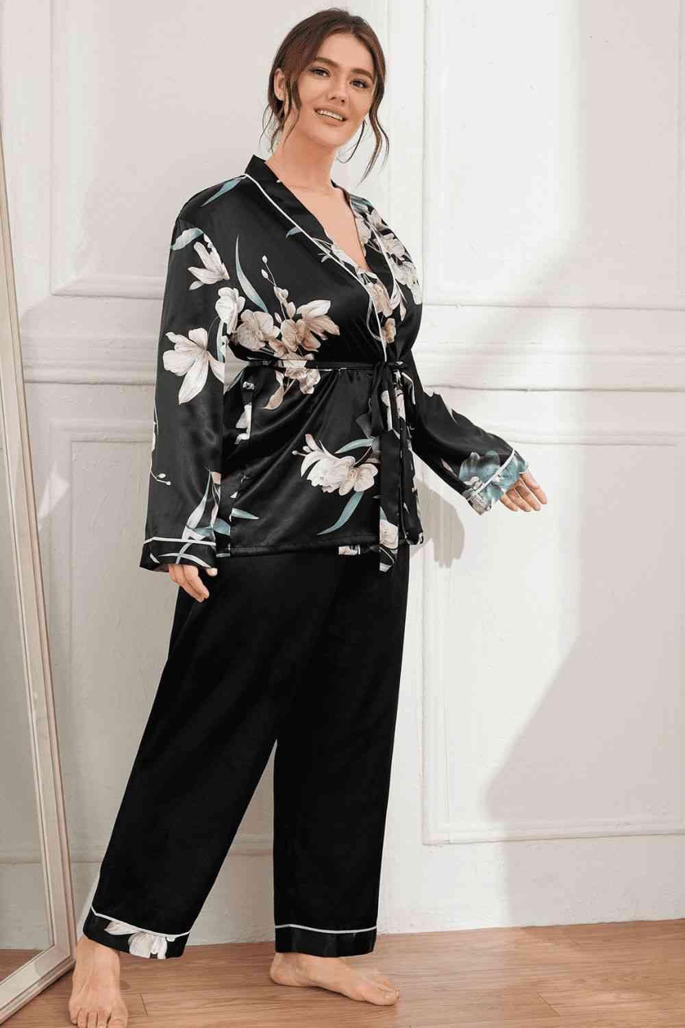 Plus Size Floral Belted Robe and Pants Pajama Set - Vesteeto
