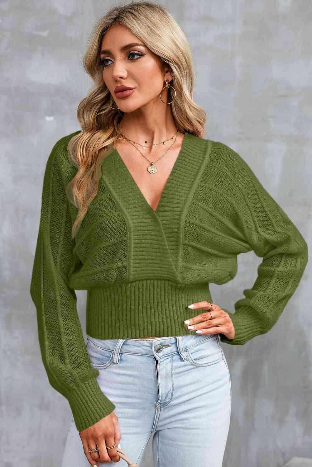 Surplice Neck Lace-Up Sweater - Vesteeto