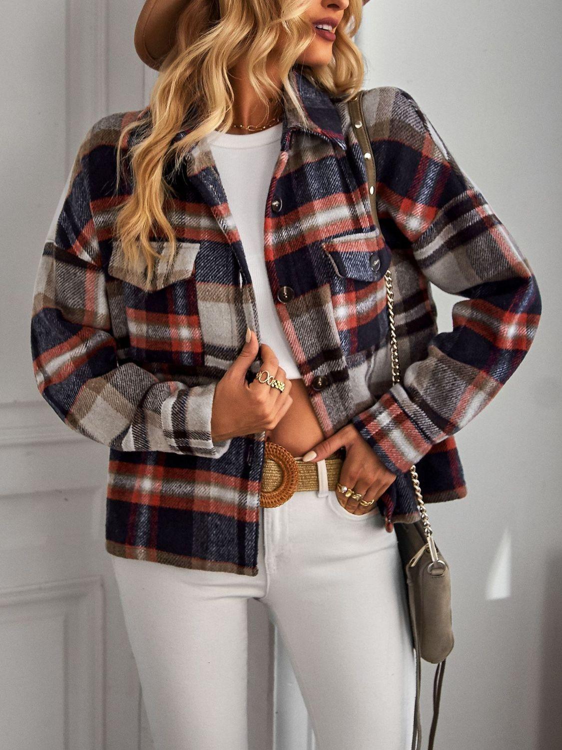 Double Take Plaid Button Front Brushed Shacket with Breast Pockets - Vesteeto