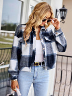 Double Take Plaid Button Front Dropped Shoulder Collared Jacket - Vesteeto