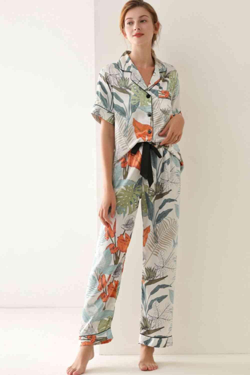 Botanical Print Button-Up Top and Pants Pajama Set - Vesteeto