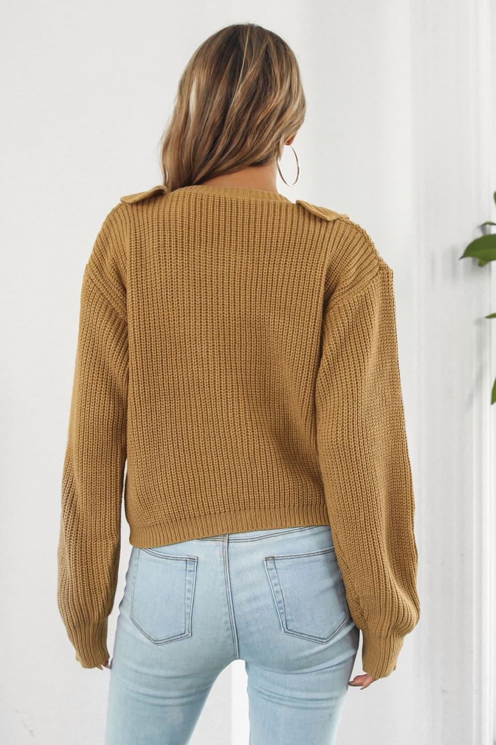 Ruffle Trim Button-Down Dropped Shoulder Sweater - Vesteeto
