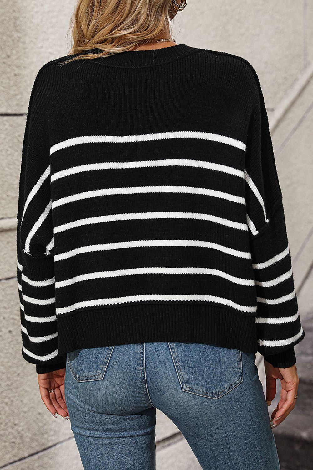 Striped Dropped Shoulder Round Neck Pullover Sweater - Vesteeto