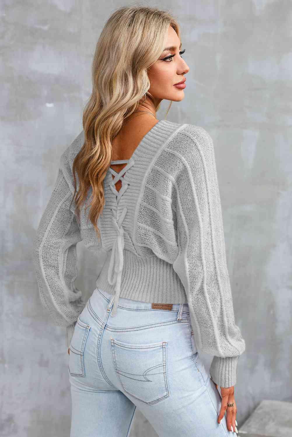 Surplice Neck Lace-Up Sweater - Vesteeto