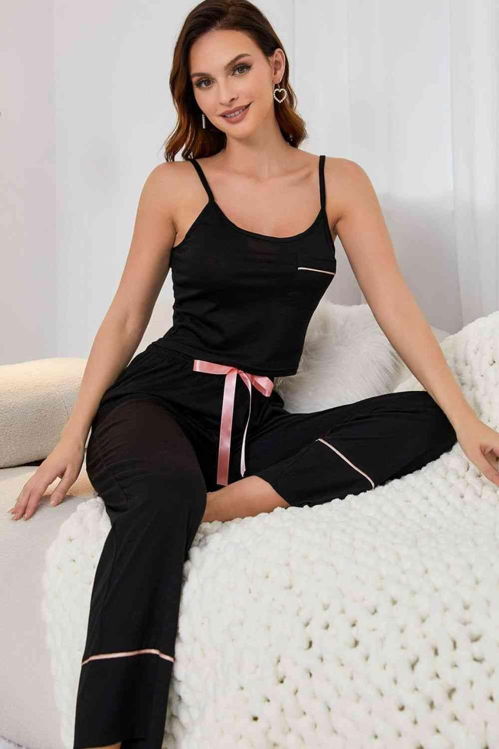 Contrast Trim Cropped Cami and Pants Loungewear Set - Vesteeto