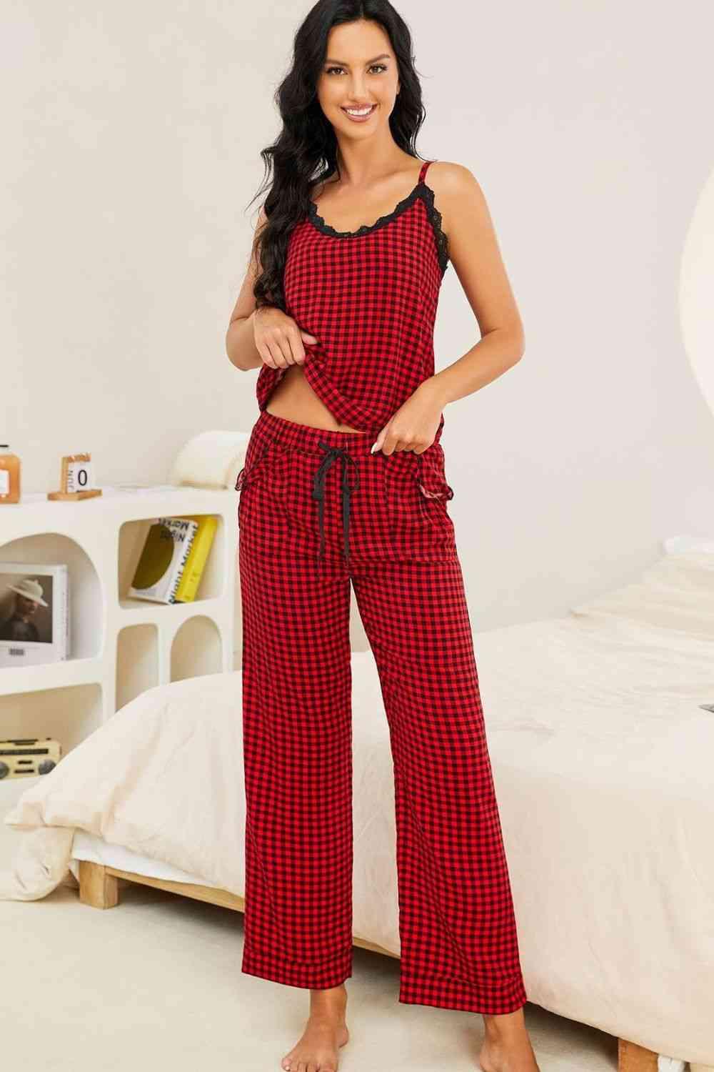 Plaid Lace Trim Cami and Drawstring Pants Pajama Set - Vesteeto