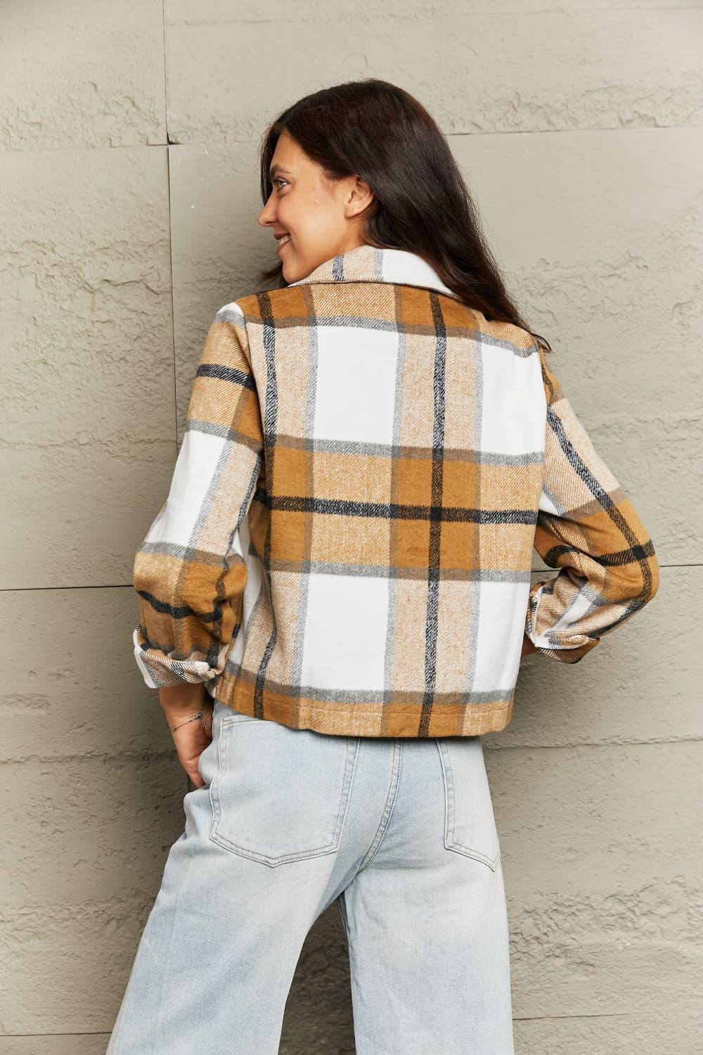 Double Take Plaid Collared Neck Jacket with Breast Pockets - Vesteeto